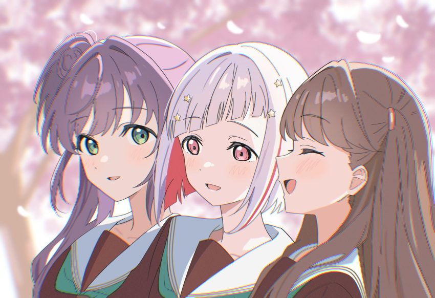3girls, :d, ^_^, brown_dress, brown_hair, cherry_blossoms, chromatic_aberration, closed_eyes