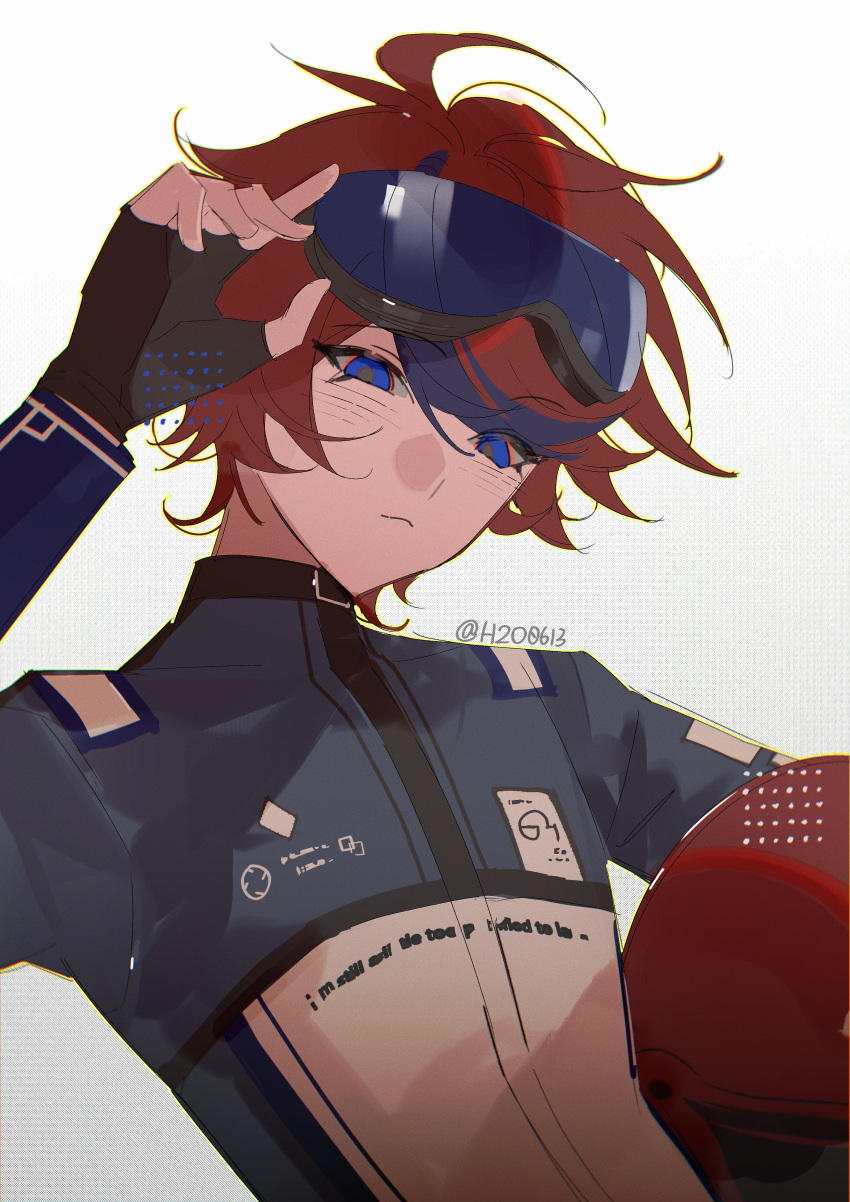 1boy, absurdres, adjusting_eyewear, ahoge, alternate_costume, alternate_universe, arm_up, black_streaks