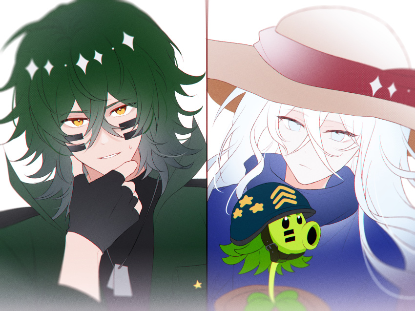 2boys, androgynous, black_eyes, black_gloves, black_helmet, black_shirt, bloom, blue_cloak