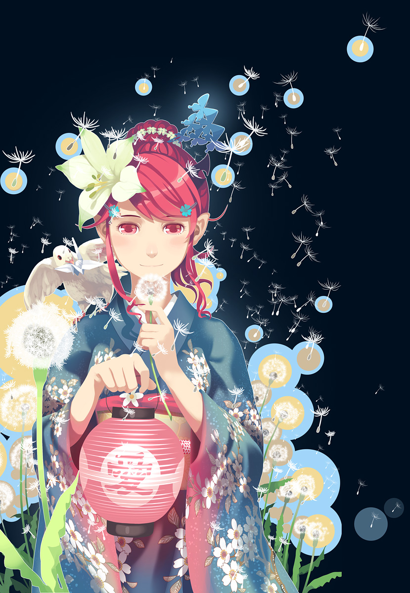 bird_on_shoulder, colorful, dandelion, flower, hair_flower, hair_ornament, hairclip, highres