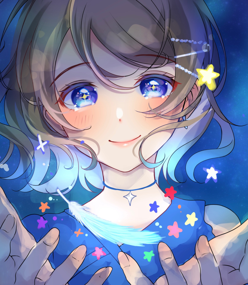 1girl, absurdres, aqours_finale_lovelive!_~eikyuu_stage~, blue_background, blue_eyes, blush, brown_hair, choker