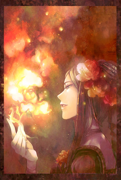 black_hair, flower, gloves, hair_flower, hair_ornament, head_wreath, long_hair, original