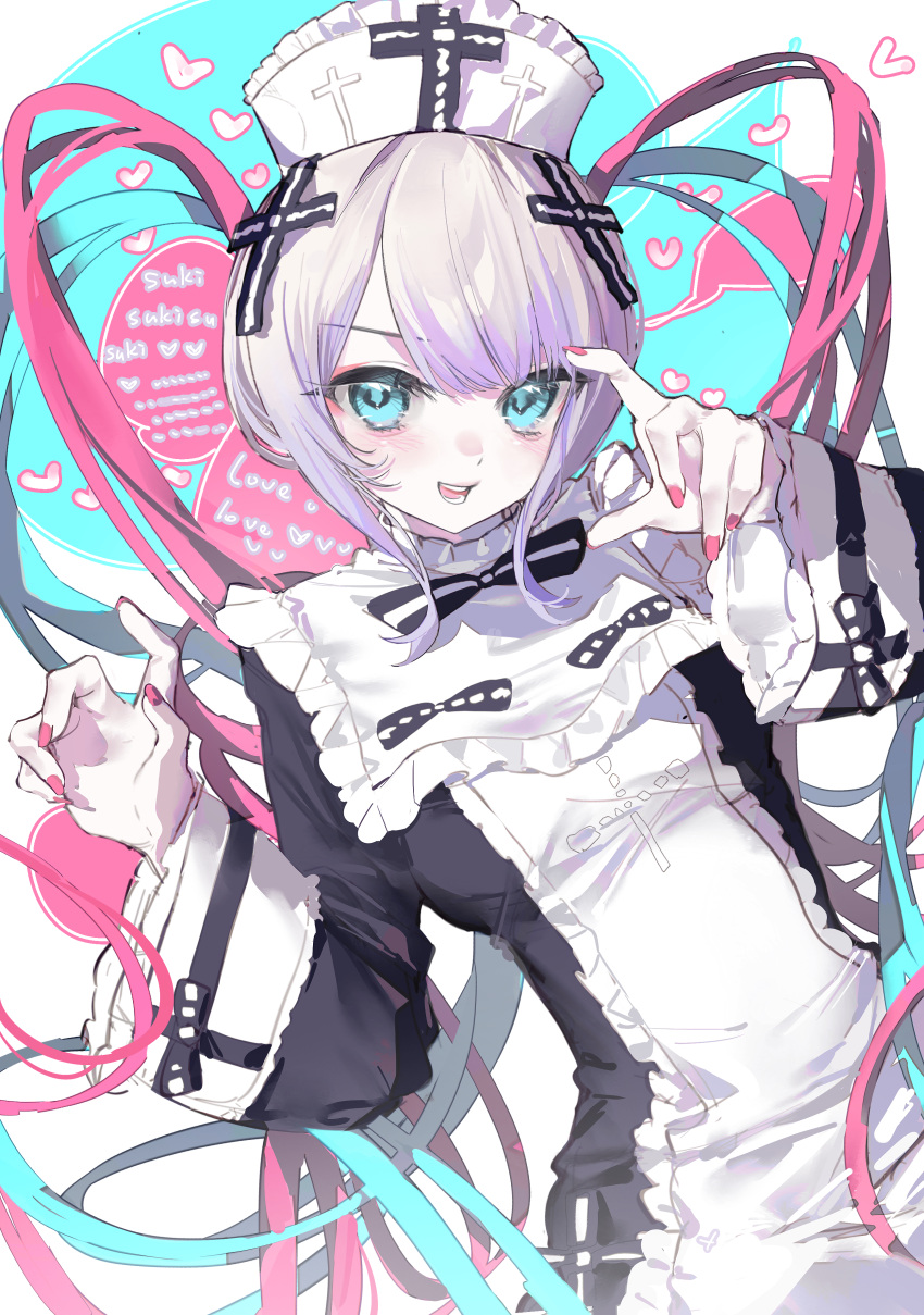 1girl, :d, absurdres, bib_collar, blonde_hair, blue_eyes, blue_hair, bow, bowtie, breasts, chouzetsusaikawa_tenshi-chan, chouzetsusaikawa_tenshi-chan_(gothic_lolita), claw_pose, colored_tips, cross_hair_ornament, english_text, hair_ornament, hat, heart, highres, looking_at_viewer, multicolored_hair, needy_girl_overdose, pink_hair, quad_tails, smile, solo, speech_bubble, twisted_torso, upper_body, white_hat, wide_sleeves, yunnaiyingzi671