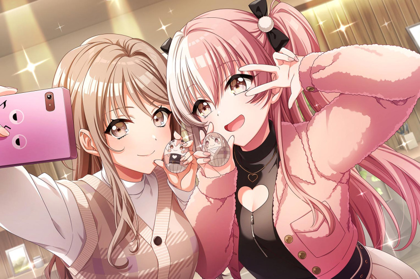 brown_eyes, d4dj, dress, long_hair, pink_hair, shinomiya_kokoa, smile, tendou_hayate