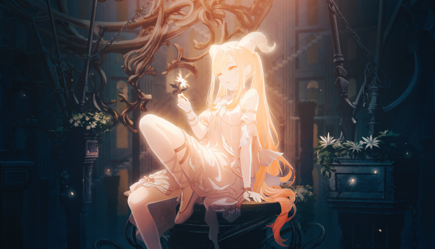 1girl, bangle, blonde_hair, bracelet, chain, colorful_palette, connect_hearts_message_(project_sekai), detached_sleeves, dress, flower, glowing, highres, holding, holding_flower, horns, jewelry, knee_up, leg_ribbon, long_hair, looking_at_flowers, official_alternate_costume, official_alternate_hair_length, official_alternate_hairstyle, official_art, project_sekai, ribbon, sitting, sleeveless, sleeveless_dress, solo, tenma_saki, thigh_strap, third-party_source, very_long_hair, white_dress