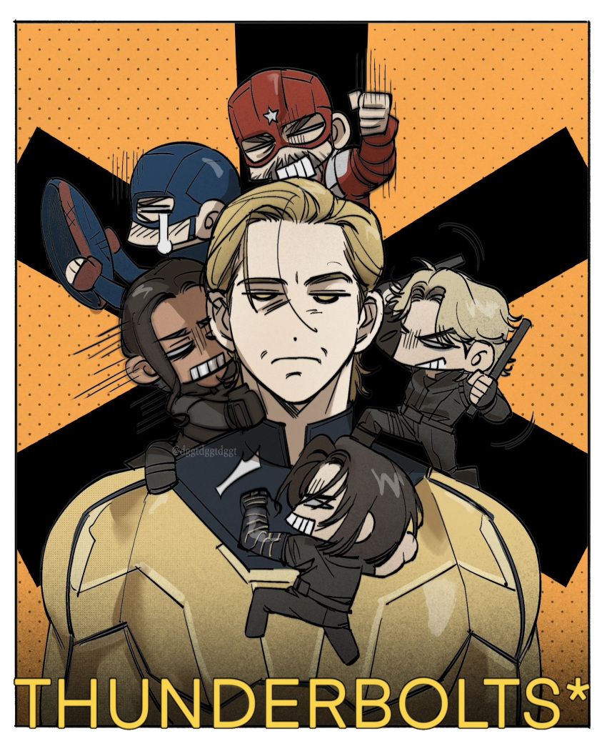 2girls, 4boys, animification, back, beard, belt, black_belt, black_bodysuit