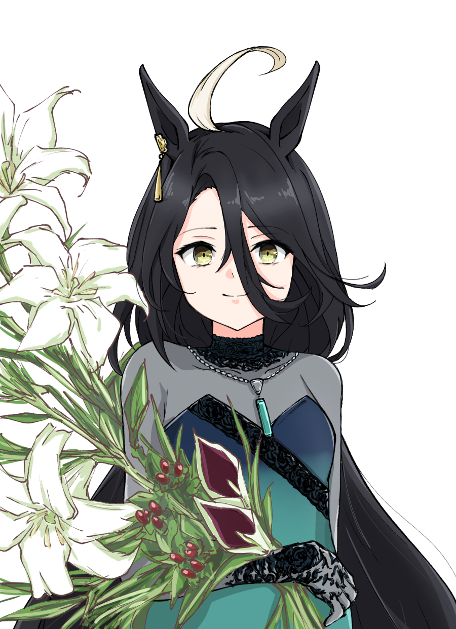 1girl, ahoge, animal_ears, black_gloves, black_hair, bouquet, breasts, closed_mouth