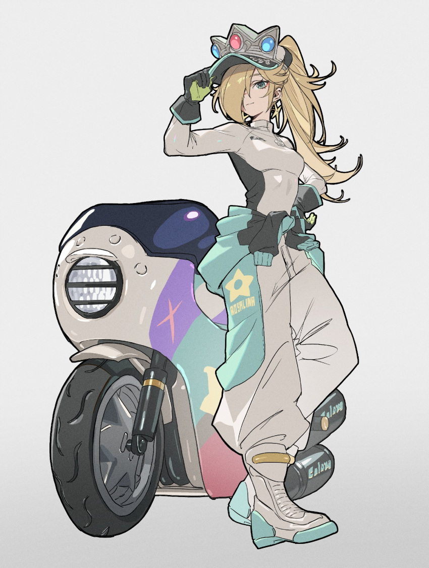 1girl, biker_clothes, bikesuit, blonde_hair, blue_eyes, bodysuit, breasts, closed_mouth, clothes_around_waist, crown, daniel_deng, earrings, gloves, hair_over_one_eye, hat, highres, jacket, jacket_around_waist, jewelry, long_hair, long_sleeves, looking_at_viewer, mario_kart, mario_kart_world, motor_vehicle, motorcycle, official_alternate_costume, ponytail, racing_suit, rosalina, rosalina_(pro_racer), smile, solo, star_(symbol), star_earrings, super_mario_bros.