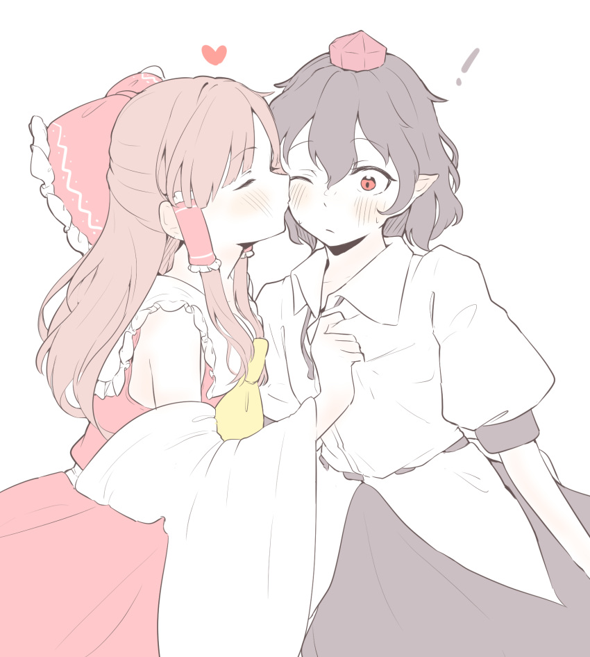 !, 2girls, ascot, black_hair, black_skirt, blush, bow, brown_hair