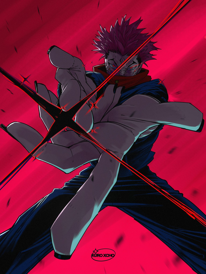 1boy, artist_name, black_jacket, black_nails, black_pants, commentary, covered_mouth, extra_eyes