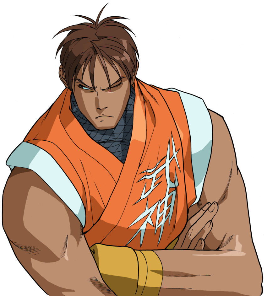 1boy, bengus, brown_eyes, brown_hair, crossed_arms, dougi, frown, game_cg