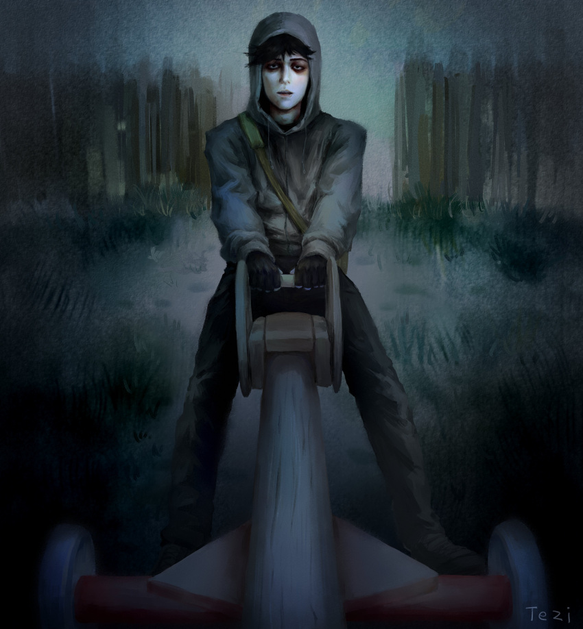 1boy, absurdres, bag, bags_under_eyes, black_gloves, black_hair, cry_of_fear, fence