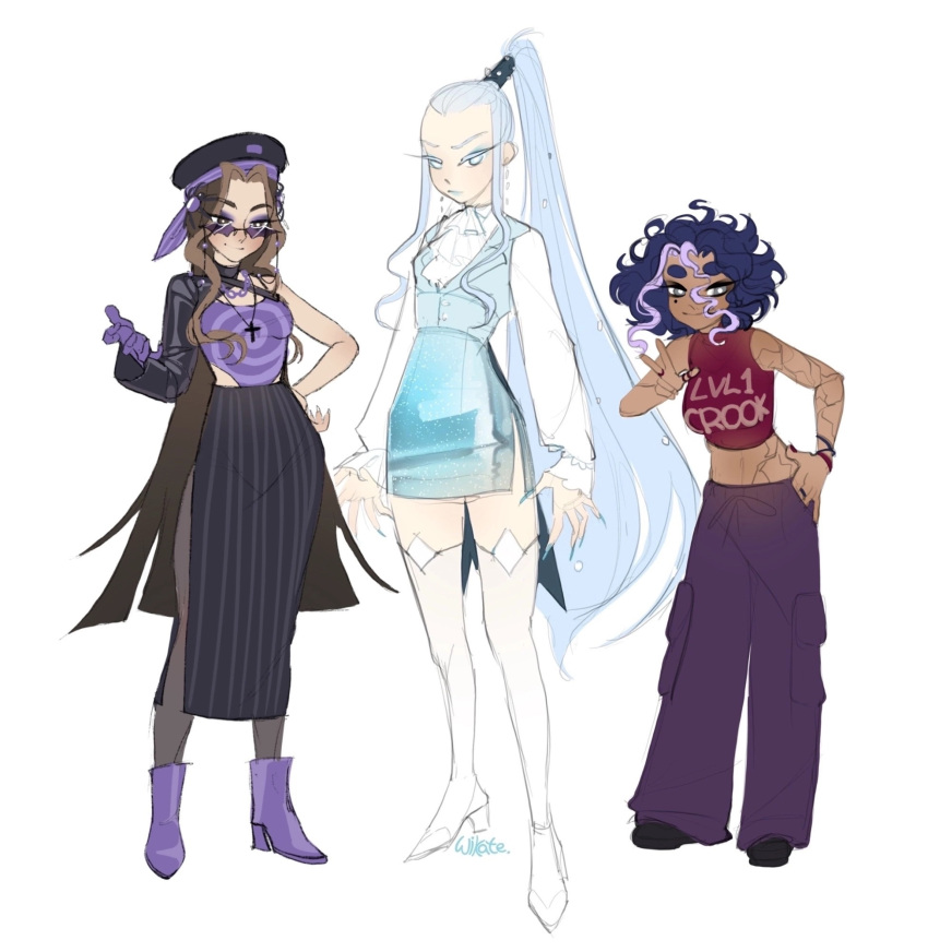 3girls, alternate_skin_color, ascot, baggy_pants, bare_shoulders, beret, black_eyeshadow, black_hat