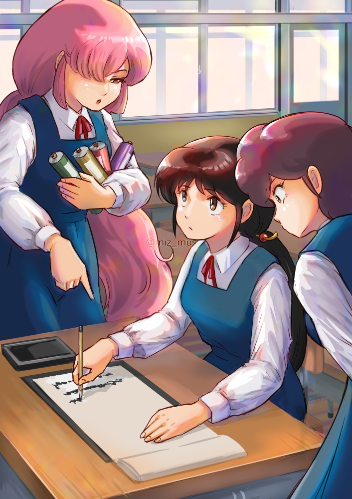 3girls, artist_name, black_hair, blue_dress, brown_eyes, calligraphy_brush, chair, classroom