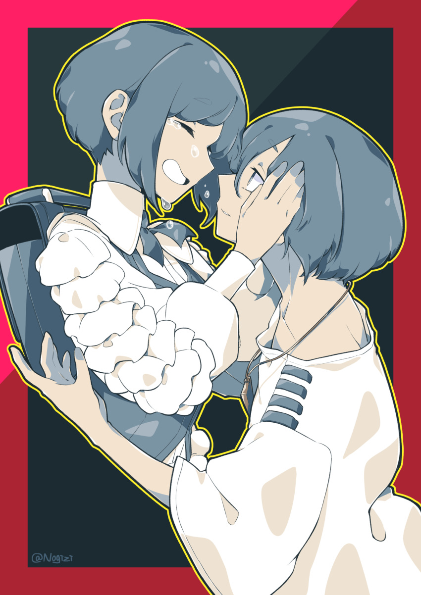 2girls, backpack, bag, blue_eyes, blue_hair, border, closed_eyes, collared_shirt