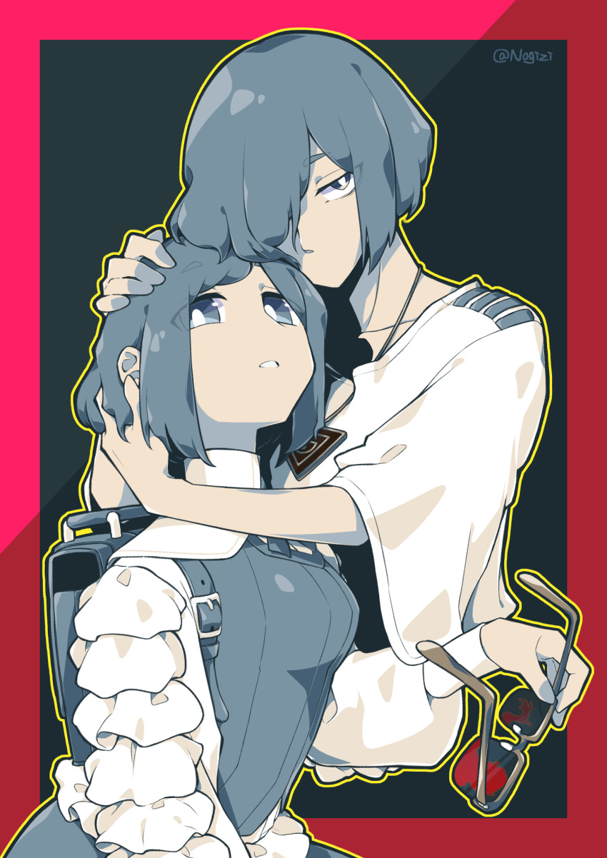 2girls, backpack, bag, blue_eyes, blue_hair, border, bright_pupils, collared_shirt