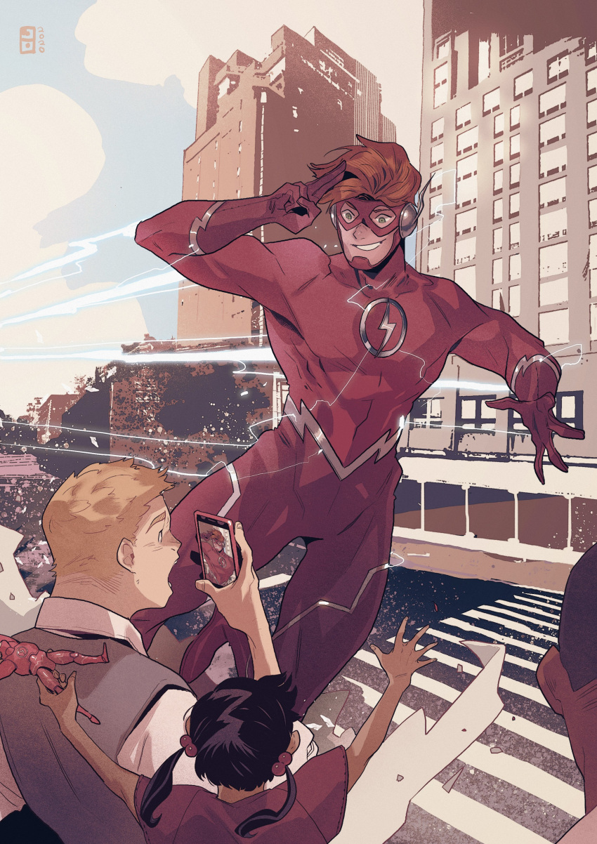 1girl, 3boys, absurdres, back, black_hair, blonde_hair, bodysuit, child
