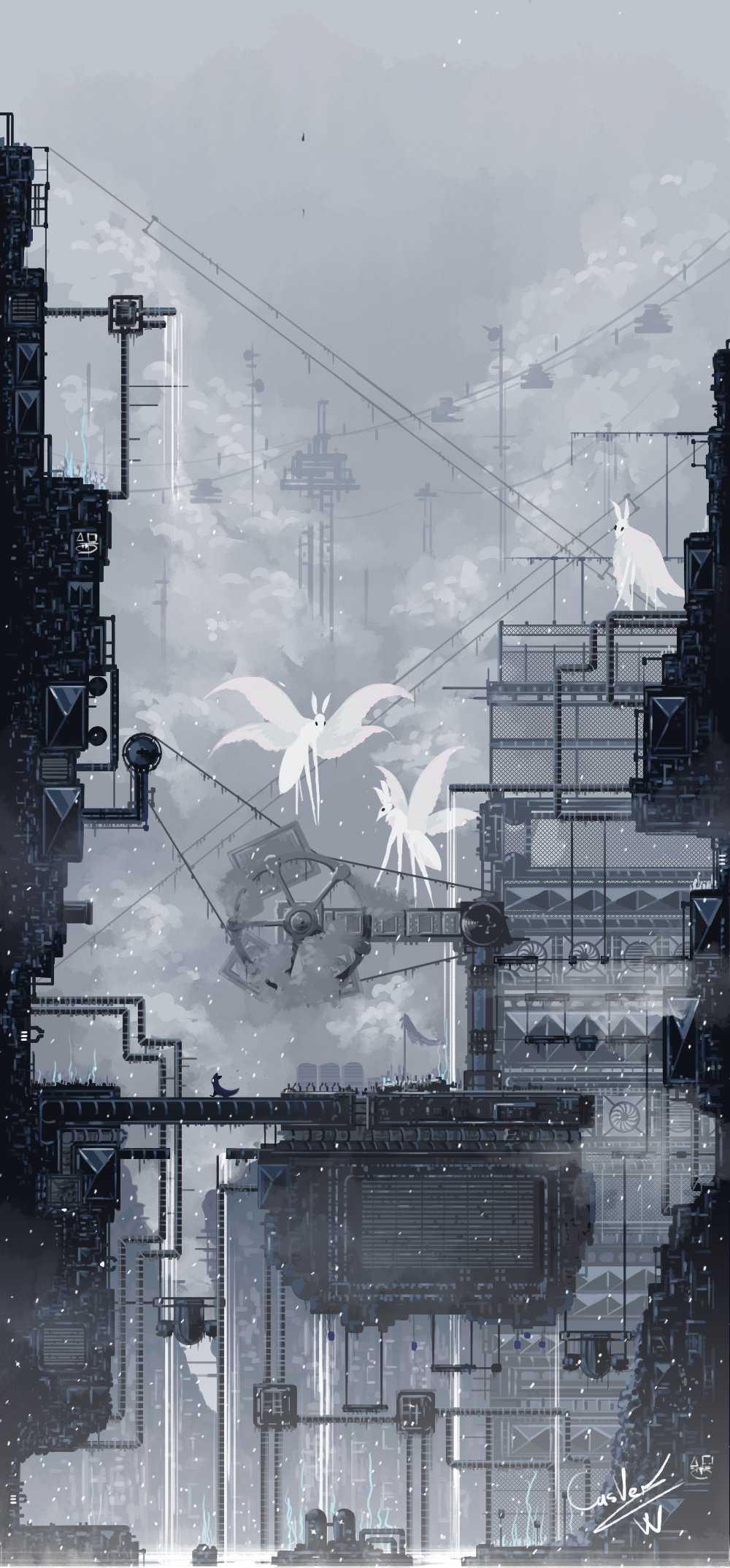 artist_name, big_moth_(rain_world), blue_fruit_(rain_world), casver_w, commentary, creature, english_commentary, greyscale