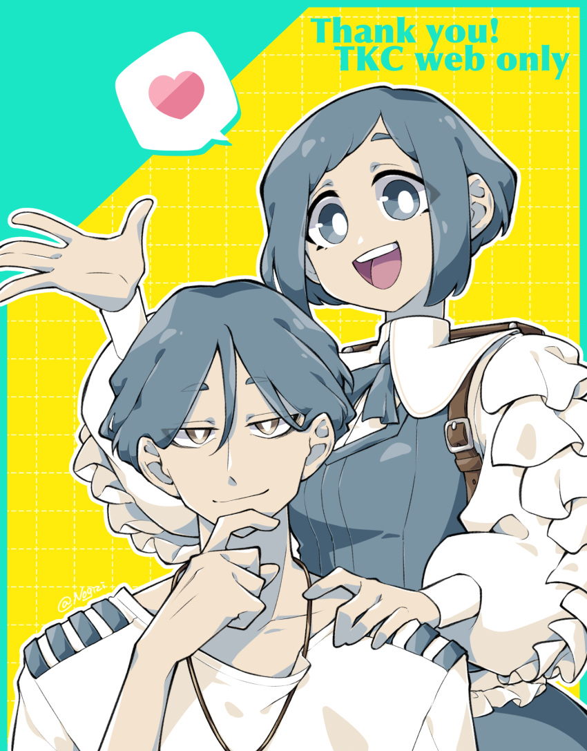 1boy, 1girl, :d, backpack, bag, blue_eyes, blue_hair, bright_pupils