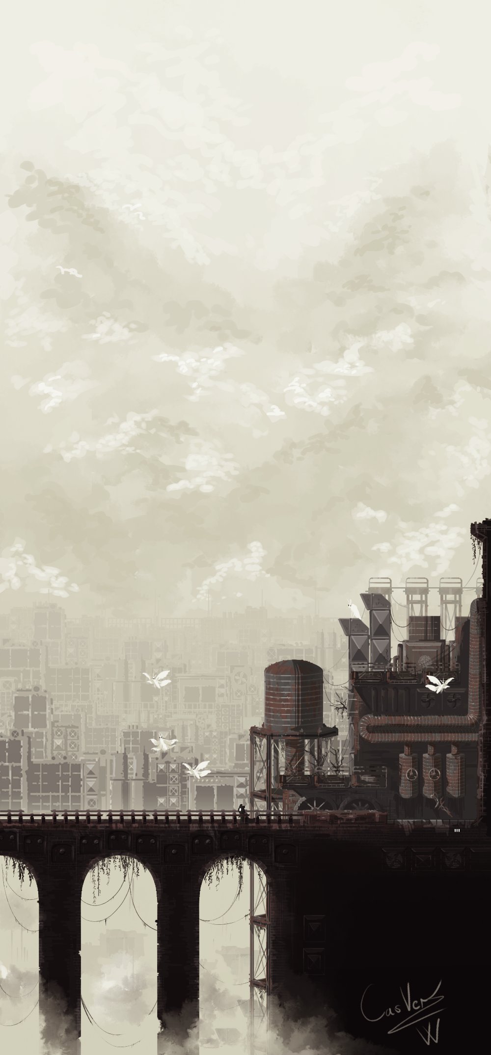 artist_name, bridge, casver_w, cityscape, clouds, cloudy_sky, commentary, creature