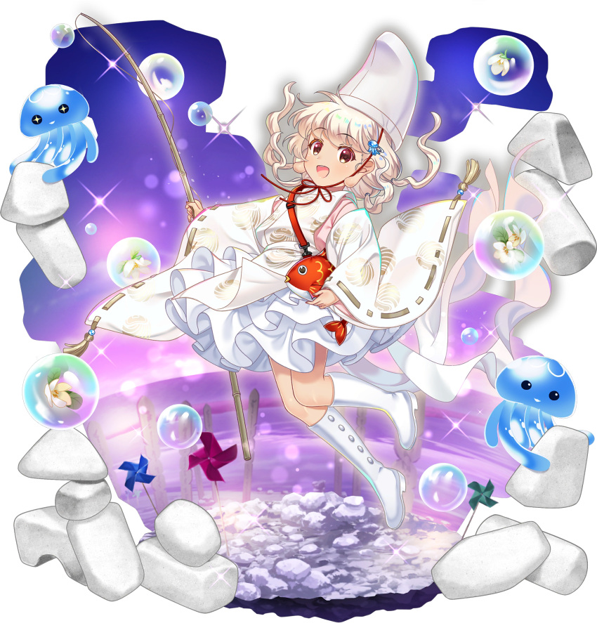 1girl, alternate_costume, boots, bubble, detached_sleeves, ebisu_eika, fish, fishing_rod, flower, flower_request, game_cg, hat, highres, holding, holding_fishing_rod, japanese_clothes, jellyfish, jellyfish_hair_ornament, kataginu, long_earlobes, long_sleeves, looking_at_viewer, official_art, open_mouth, petticoat, pinwheel, purple_sky, purple_water, ribbon-trimmed_sleeves, ribbon_trim, rock, rock_balancing, rotte_(1109), sky, smile, solo, sparkle, tate_eboshi, third-party_source, touhou, touhou_lostword, transparent_background, water, white_boots, white_flower, white_hat, wide_sleeves