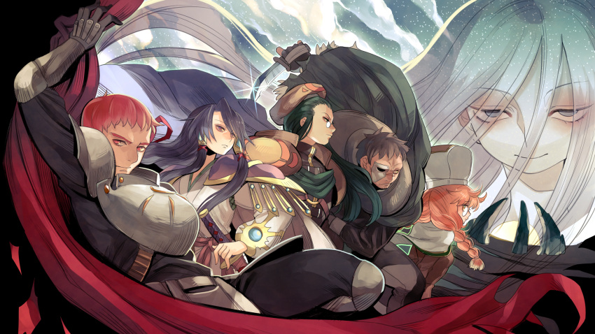 1boy, 3girls, armor, british_(rance), cafe_artful, cape, chaos_(rance), commentary_request, eternal_heroes_(rance), glasses, green_hair, grey_eyes, grey_hair, half_mask, hat, hayasaka, highres, ho_laga, japanese_clothes, jill_(rance_series), katana, kimono, knight, long_hair, mask, multiple_girls, nikkou_(rance_series), orange_hair, purple_hair, rance_(series), red_eyes, smile, sword, weapon