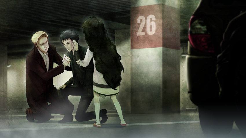 1girl, 2boys, adam's_apple, alexis_leskinen, asymmetrical_footwear, beard_stubble, black_cardigan, black_hair