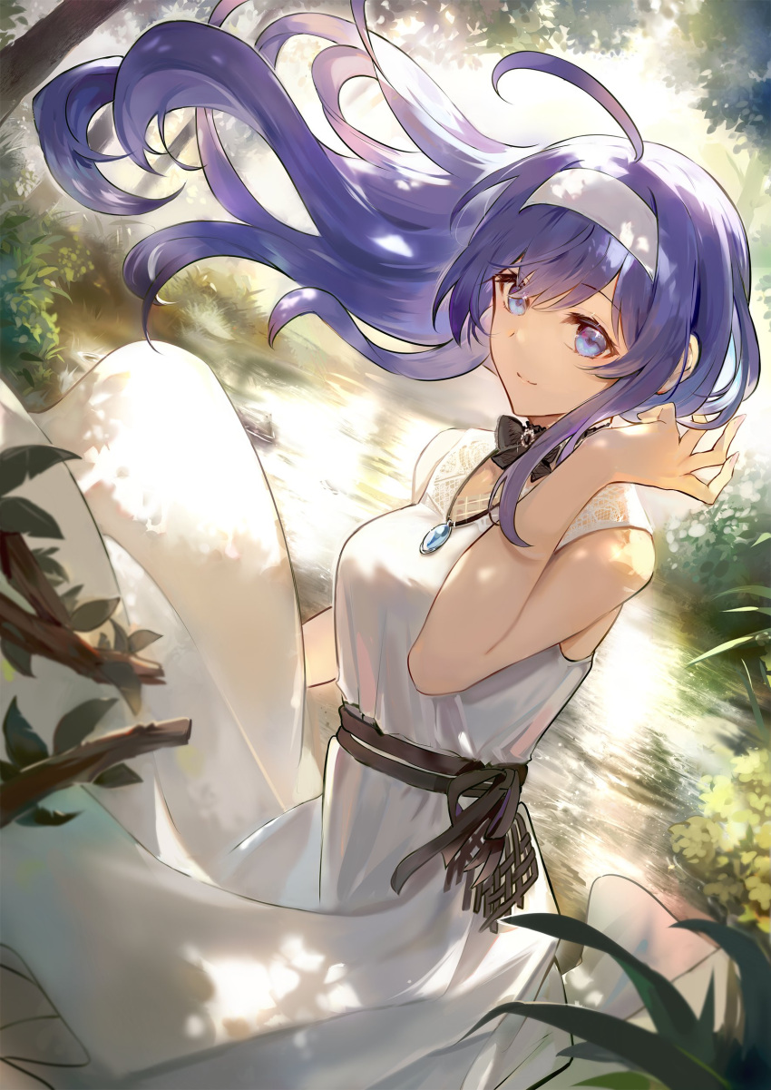 1girl, absurdres, ahoge, blue_eyes, blue_hair, dress, hairband, highres, huge_ahoge, long_hair, looking_at_viewer, orie_ballardiae_harada, outdoors, qitoli, solo, under_night_in-birth, very_long_hair, white_dress, white_hairband