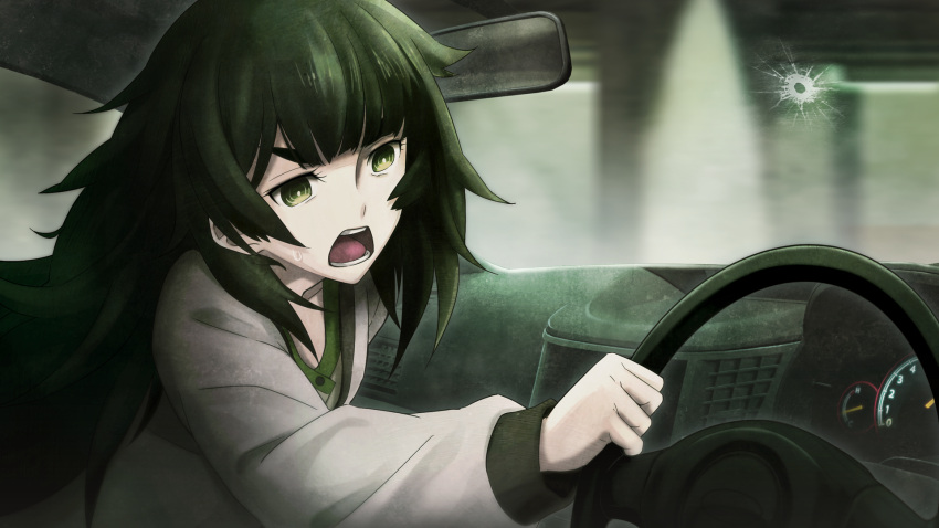 blunt_bangs, car, car_interior, clothing_request, collar, collarbone, crack, cracked_glass