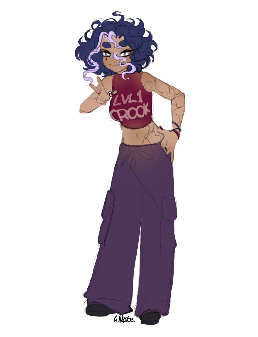 1girl, alternate_skin_color, baggy_pants, bare_arms, bare_shoulders, black_shoes, blue_hair, bracelet