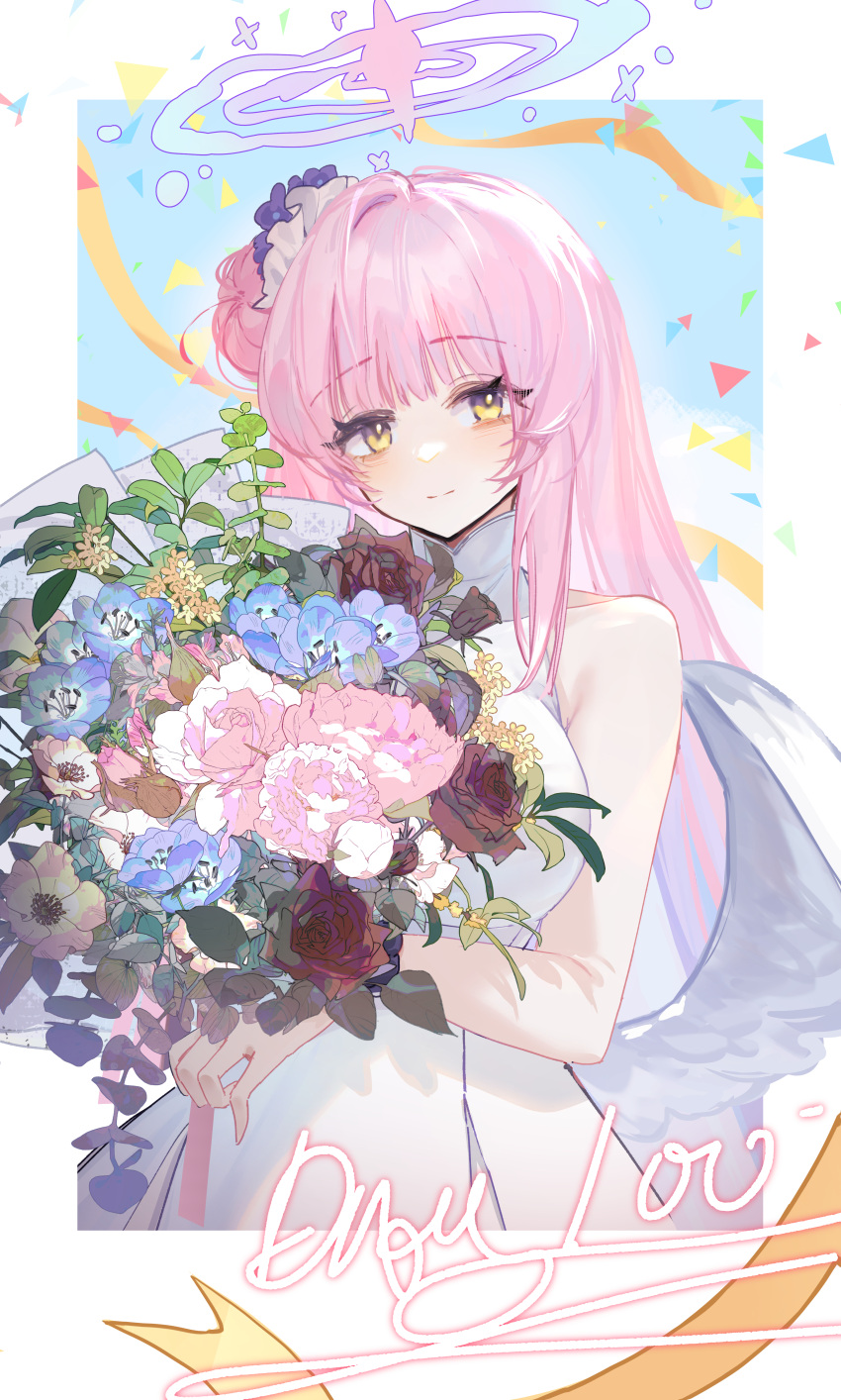 1girl, absurdres, bare_arms, bare_shoulders, blue_archive, blue_flower, blush, bouquet