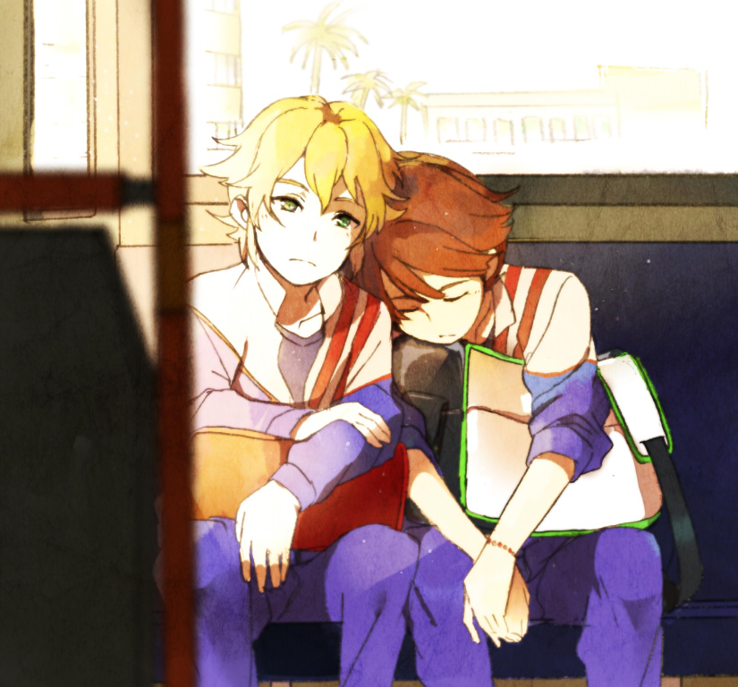bag, blonde_hair, blue_eyes, brown_hair, bus, bus_interior, closed_eyes, eyes_closed