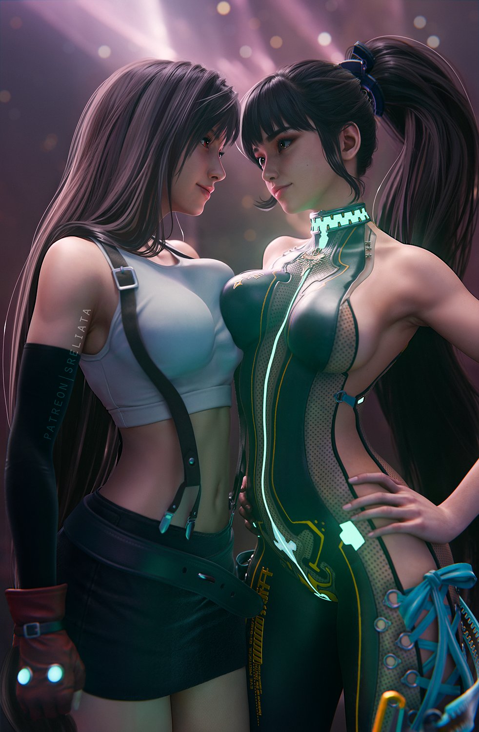 2girls, 3d, bare_shoulders, black_hair, black_skirt, bodysuit, breast_press, breasts