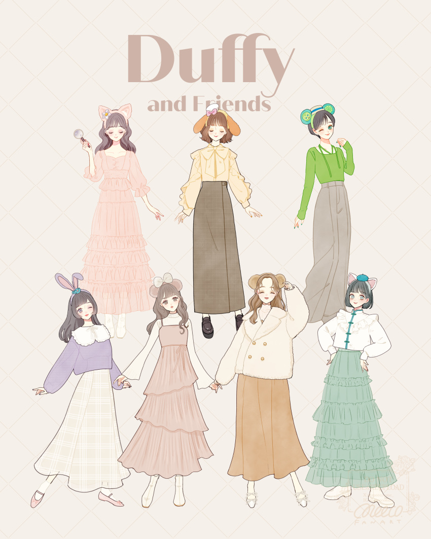 6+girls, absurdres, animal_ears, animification, bear_ear_hairband, bear_ears, brown_hair, cookieann