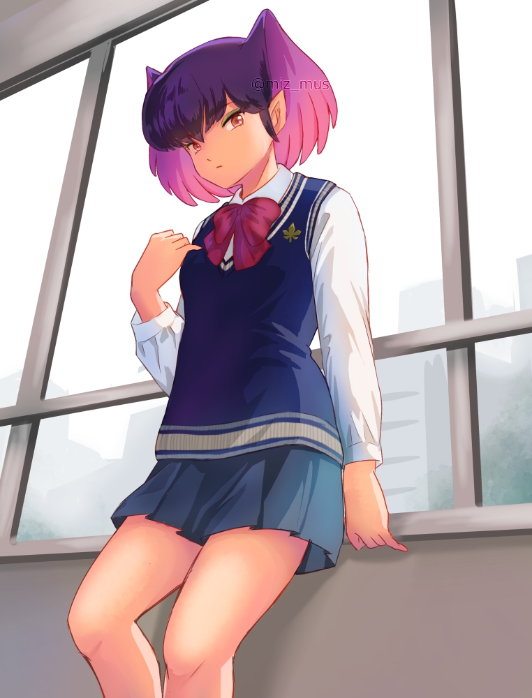 against_windowsill, alternate_costume, artist_name, black_hair, blue_skirt, blue_vest, bow, bowtie, breasts, building, closed_mouth, commentary, eyeshadow, green_eyeshadow, hallway, hand_up, kurama_(urusei_yatsura), leaning_back, looking_at_viewer, makeup, miz_mus, multicolored_hair, pleated_skirt, purple_hair, red_bow, red_eyes, school_uniform, shirt, skirt, small_breasts, standing, twitter_username, two-tone_hair, urusei_yatsura, vest, white_shirt, window, windowsill