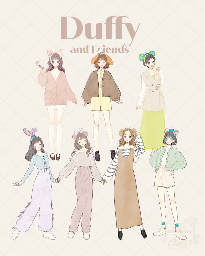 6+girls, absurdres, animal_ears, animification, bear_ear_hairband, bear_ears, brown_hair, cookieann