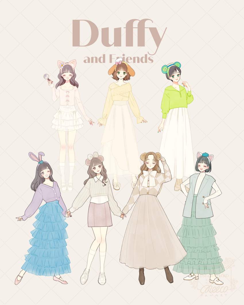 6+girls, absurdres, animal_ears, animification, bear_ear_hairband, bear_ears, brown_hair, cookieann