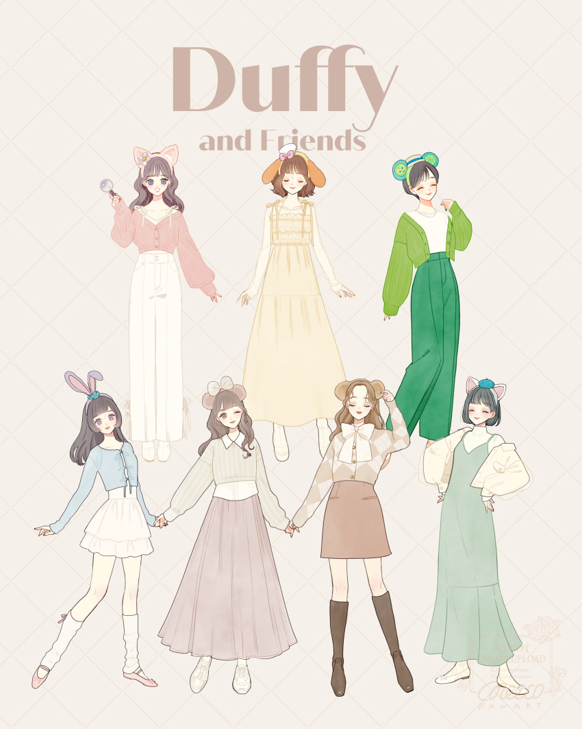 6+girls, absurdres, animal_ears, animification, bear_ear_hairband, bear_ears, brown_hair, cookieann