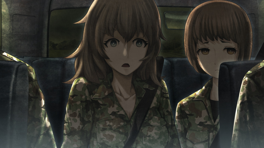 2boys, 2girls, amane_yuki, black_shirt, blue_eyes, bob_cut, brown_eyes, brown_hair