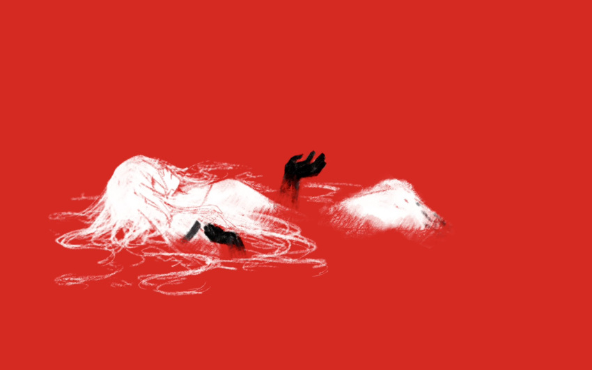 afloat, ariane_yeong, black_hands, blood, colored_extremities, dress, fine_art_parody, floating_hair, hand_up, highres, long_hair, looking_up, lying_on_water, nowhere_(signalis), ophelia_(painting), pale_skin, parody, partially_submerged, ppponpotato, signalis, simple_background, white_dress, white_hair