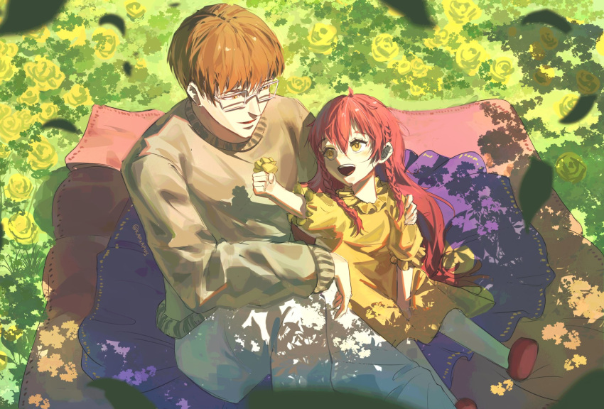 1boy, 1girl, aged_down, blanket, braid, brown_hair, brown_sweater, child, dress, eurasia_enne_zahard, family, father_and_daughter, flower, glasses, grass, hand_on_own_knee, highres, holding, holding_flower, kapxapius, leaf, long_hair, looking_at_another, open_mouth, orange_dress, orange_eyes, po_bidau_gustang, red_hair, red_shoes, shoes, short_hair, smile, sweater, teeth, tower_of_god, upper_teeth_only, wind, yellow_flower