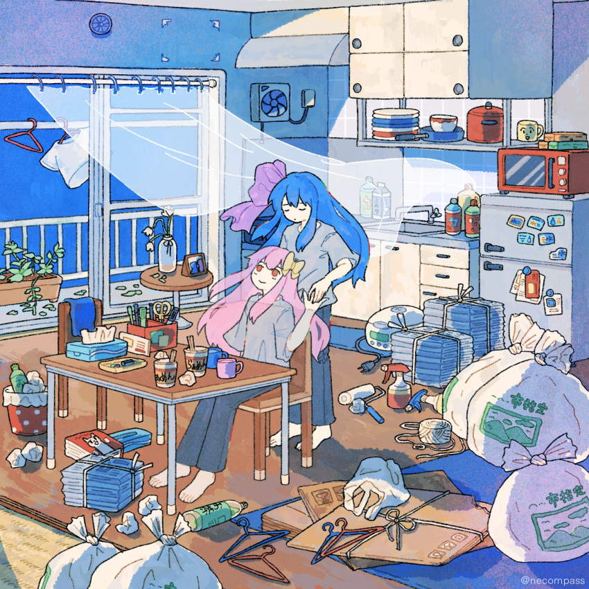 2girls, alternate_costume, apartment, barefoot, behind_another, blue_hair, butterfly_hair_ornament, cardboard