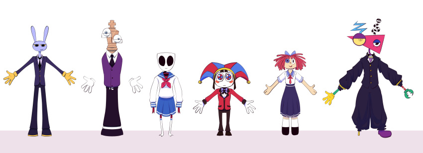 1other, 2boys, 3girls, absurdres, alternate_costume, animal_ears, aqua_bow, aqua_sailor_collar