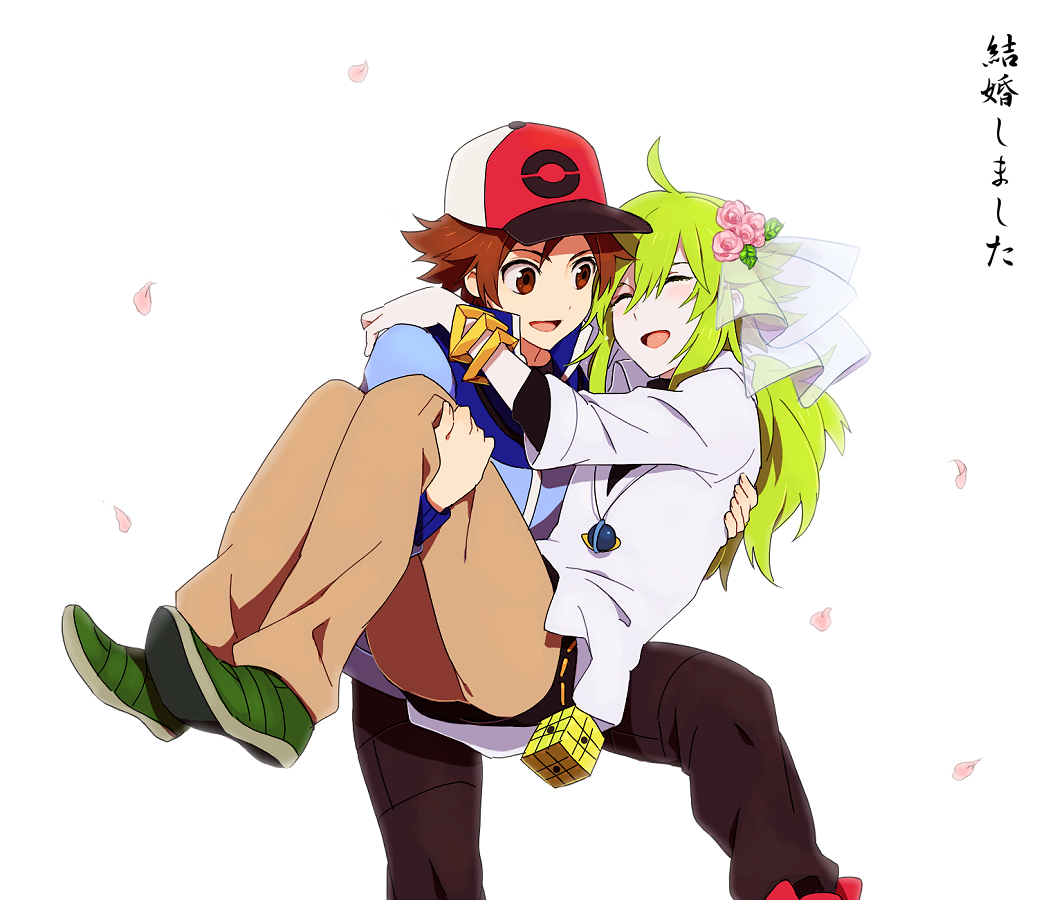 brown_eyes, brown_hair, carrying, green_hair, hat, hirosuke, jacket, long_hair
