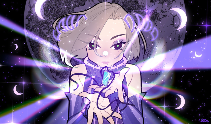 1girl, bare_shoulders, black_background, bright_pupils, brown_hair, closed_mouth, commentary, commission