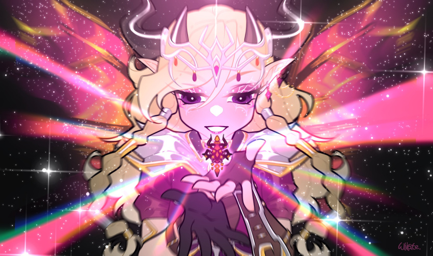 1girl, armor, asymmetrical_gloves, believix, black_background, black_gloves, black_horns, black_shirt