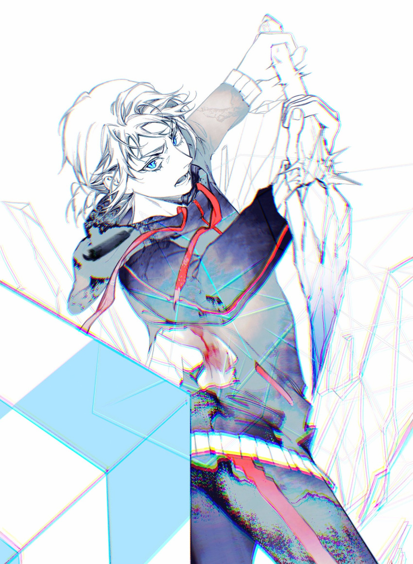 1boy, angry, blood, blood_on_back, blue_eyes, blue_hoodie, blue_theme, cryokinesis