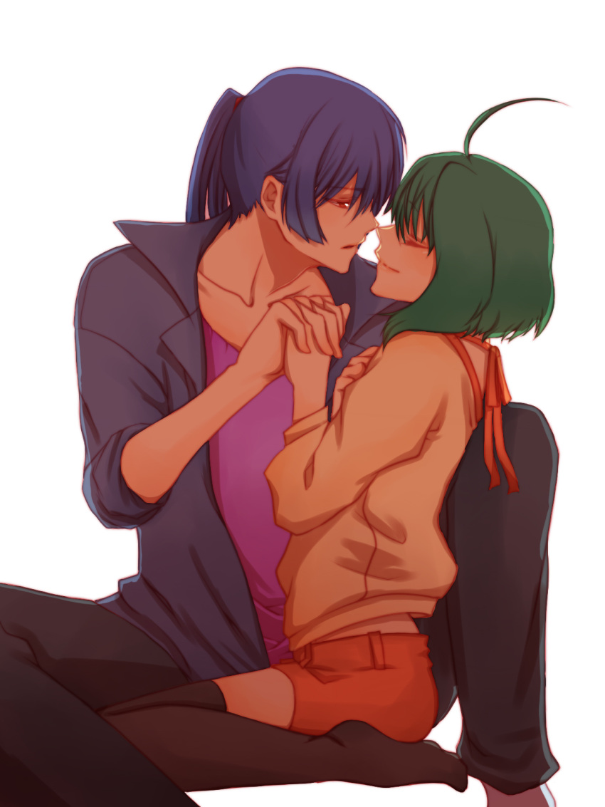 1girl, ahoge, blue_hair, brown_eyes, closed_eyes, couple, eyes_closed, green_hair
