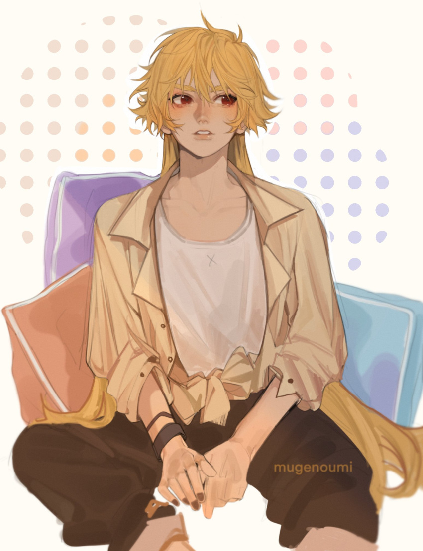 1girl, artist_name, baggy_pants, blonde_hair, blush, brown_nails, brown_pants, butter_pretzel_cookie, buttons, collarbone, collared_shirt, cookie_run, cookie_run:_ovenbreak, english_commentary, hair_between_eyes, highres, humanization, lips, long_hair, long_sleeves, looking_to_the_side, nail_polish, no_headwear, open_clothes, open_shirt, pants, pillow, polka_dot, polka_dot_background, puffy_long_sleeves, puffy_sleeves, red_eyes, shirt, sitting, solo, tank_top, teeth, white_background, white_tank_top, wristband, yellow_shirt, yoonmiumi