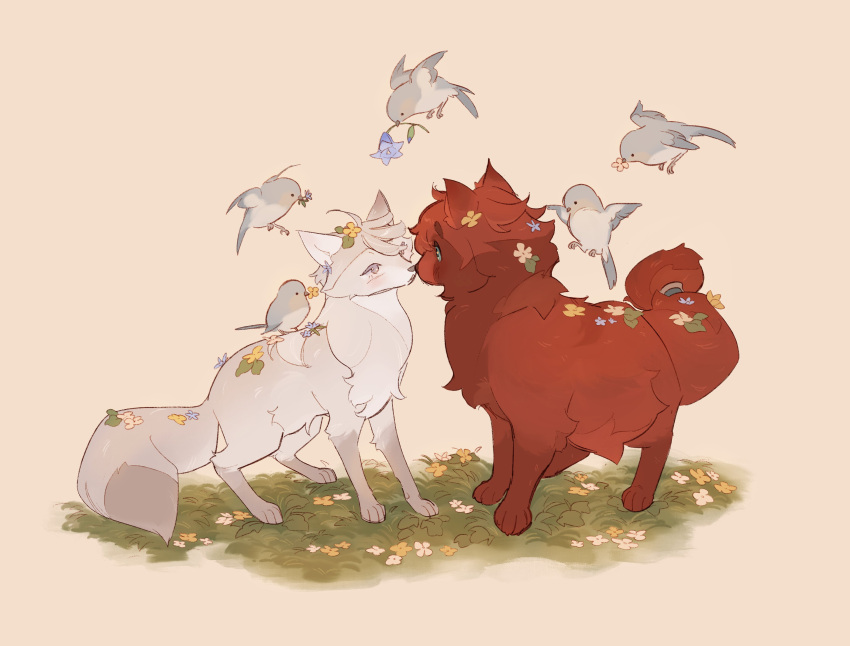 absurdres, ahoge, animalization, bird, commentary, english_commentary, eye_contact, flower